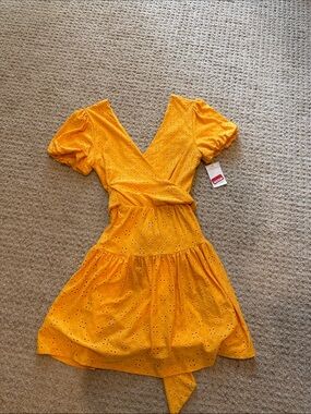 Topshop Mustard Eyelet Wrap Mini Dress